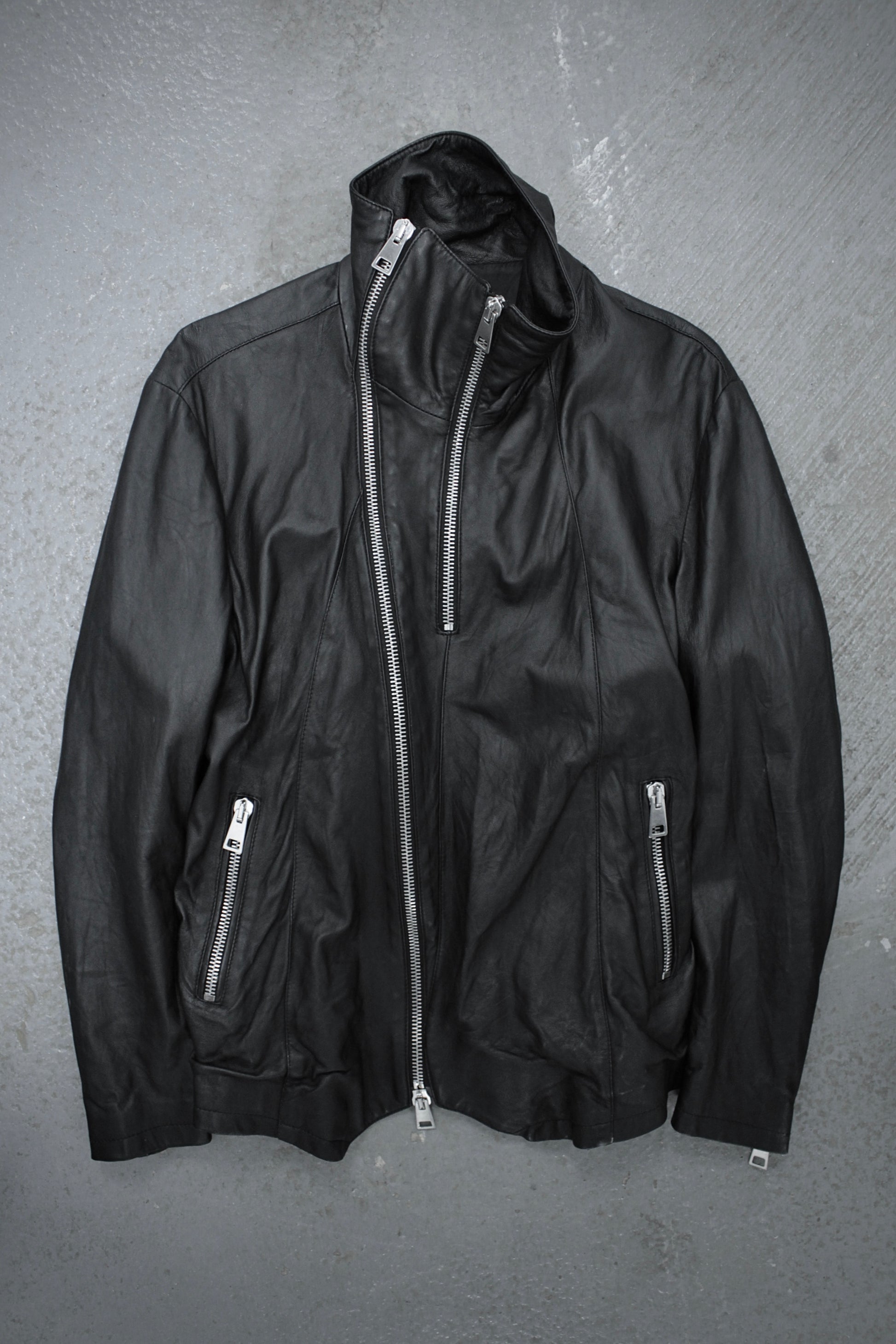 CLAUDIO IACOVELLI Asymmetrical Zip High Neck Calfskin Leather Jacket | Archive Fashion Toronto
