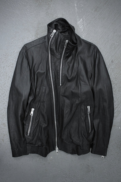 CLAUDIO IACOVELLI Asymmetrical Zip High Neck Calfskin Leather Jacket | Archive Fashion Toronto