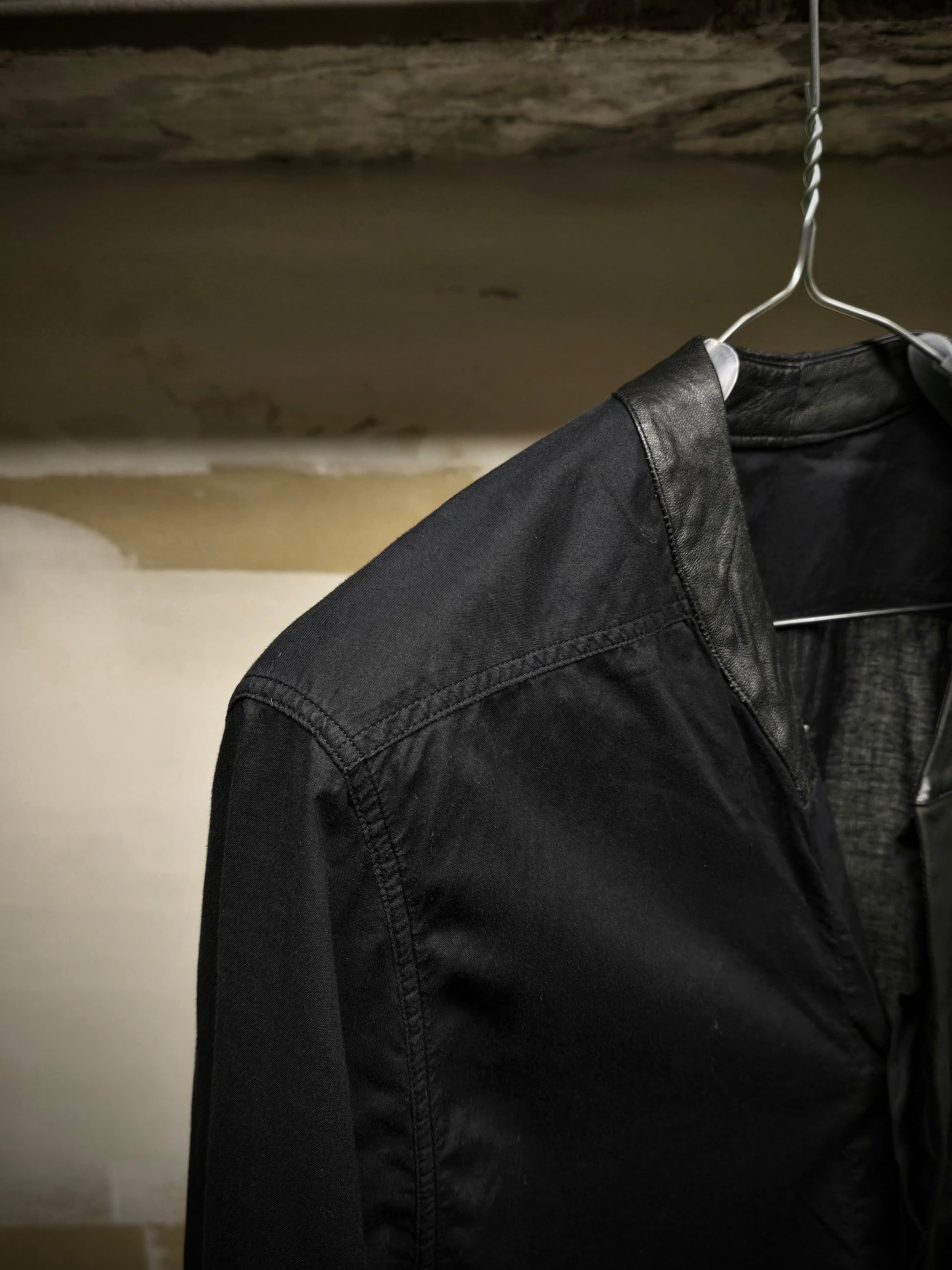 Rick Owens SS16 "CYCLOPS" Calf Leather Trim Mandarin Collar Shirt detail | DRIEW GARMENTS