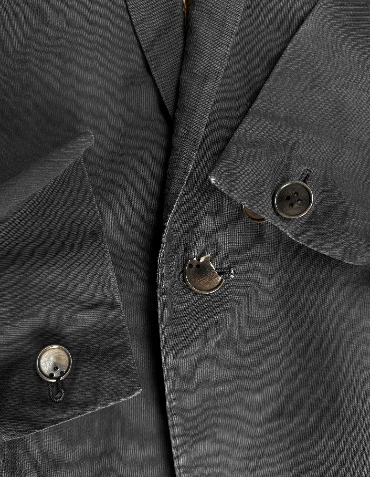 Close-up of a dark gray jacket with buttons