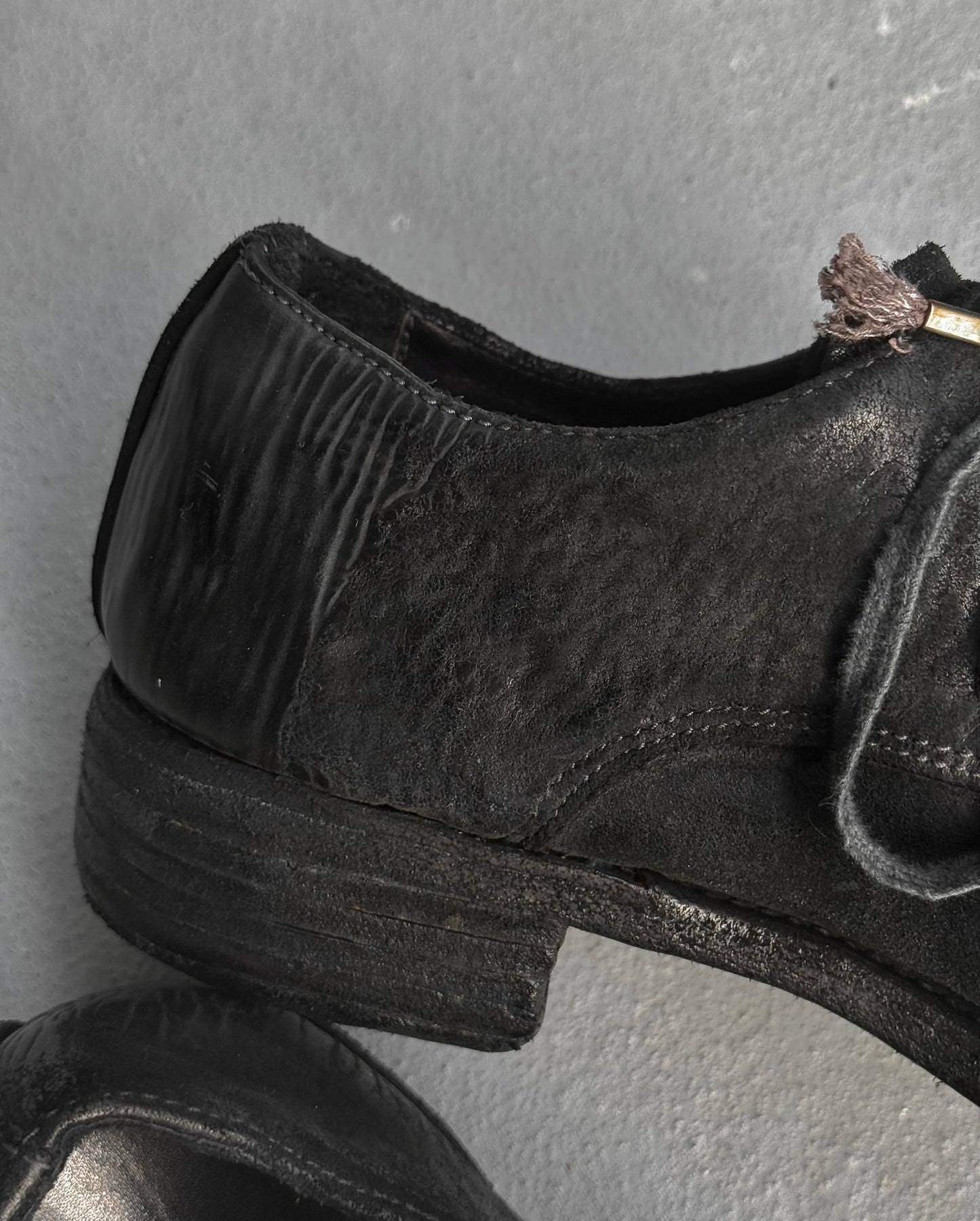 Black leather shoe with a small plant on a gray background