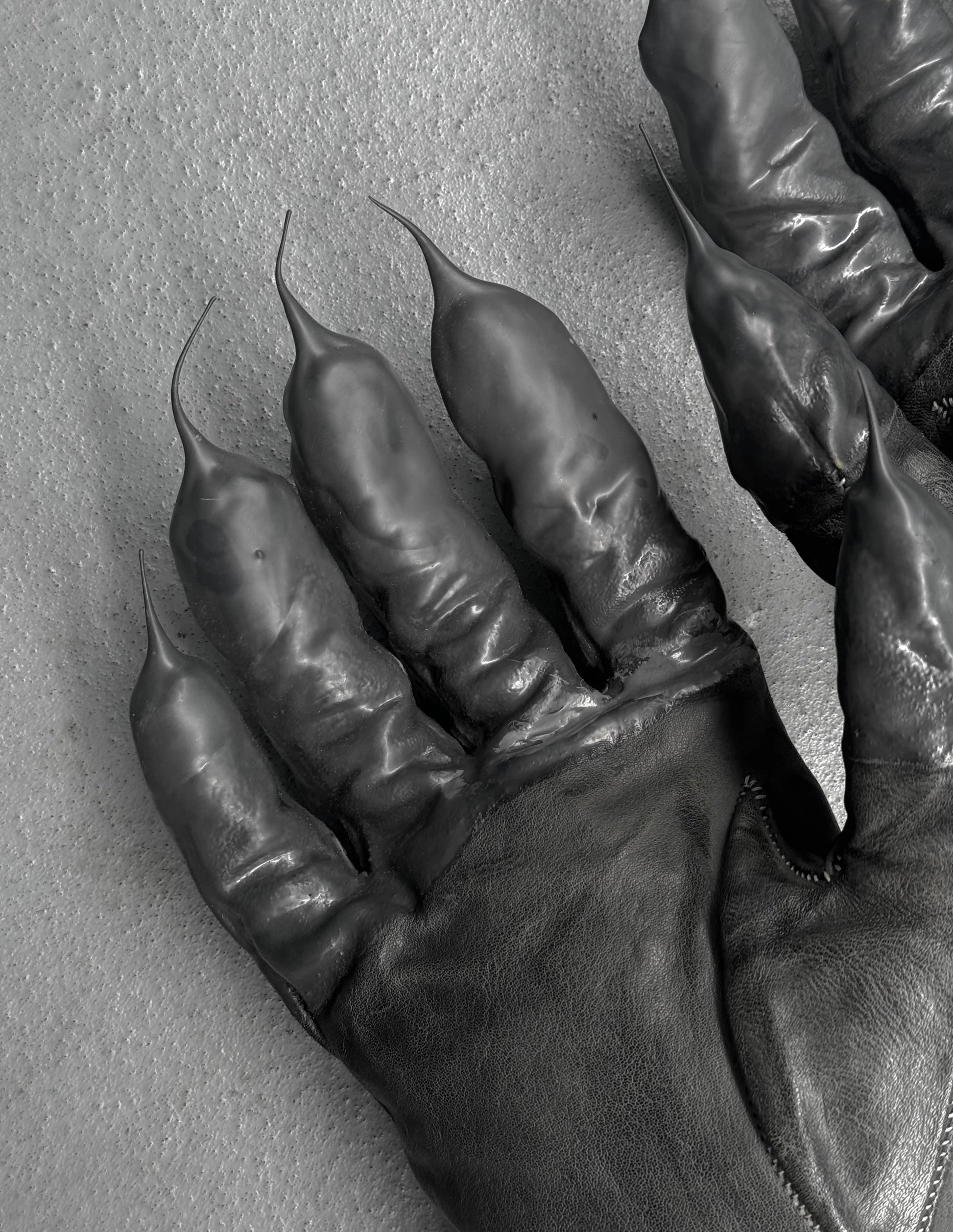 Close-up of leather gloves with a textured gray background