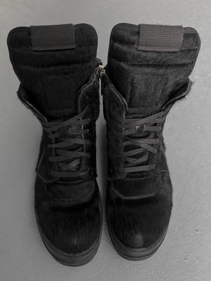 Rick Owens AW13 "PLINTH" Black Pony Hair Leather Geobasket Sneakers