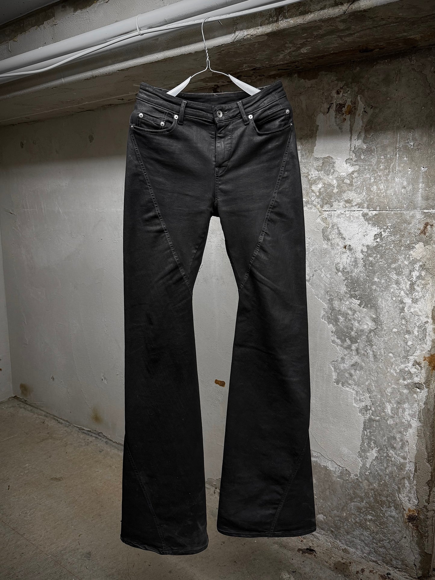 Rick Owens DRKSHDW AW24 "PORTERVILLE" 'BIAS BOOTCUT' Waxed Flare Denim | Archive Fashion Toronto