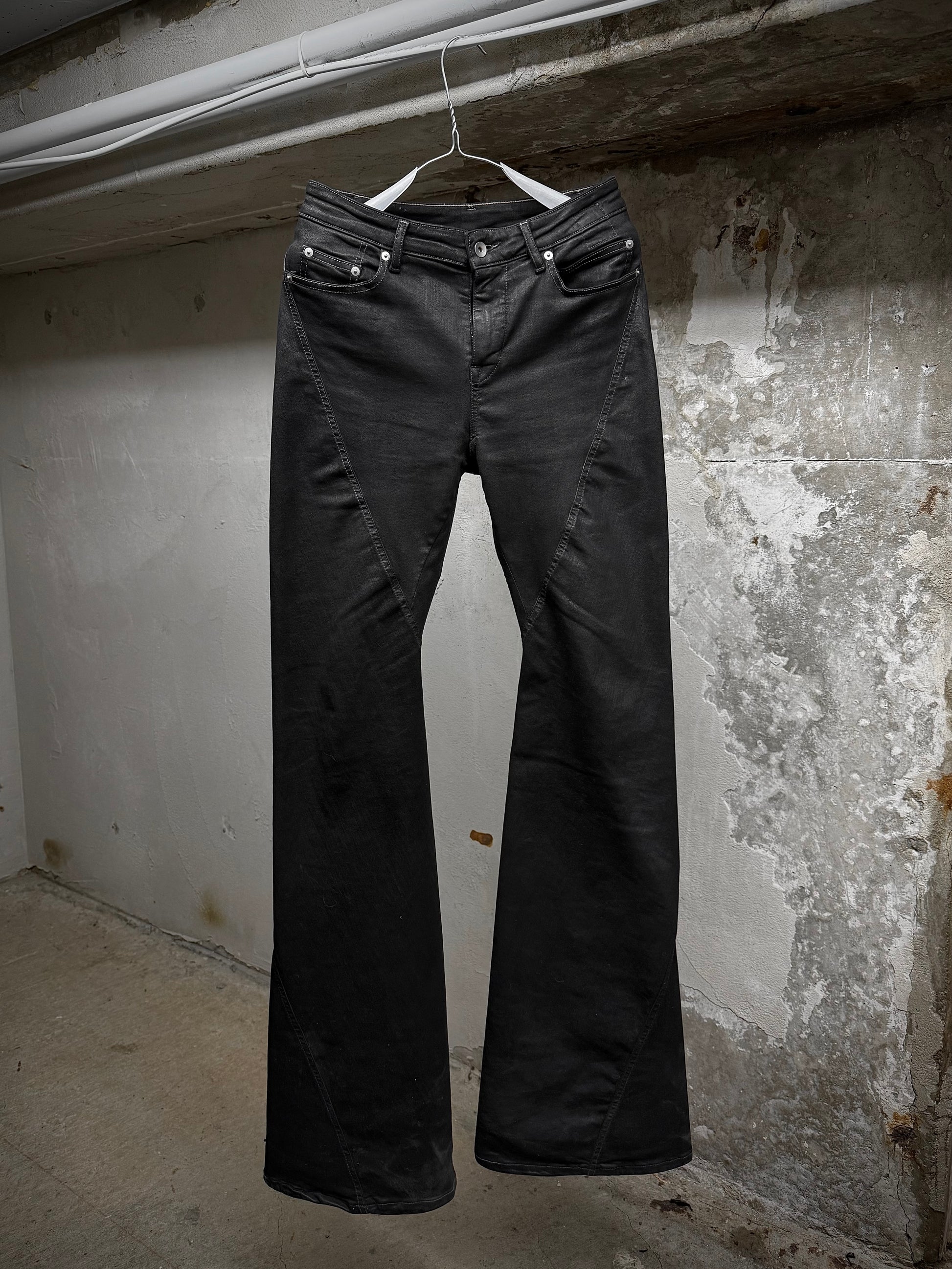 Rick Owens DRKSHDW AW24 "PORTERVILLE" 'BIAS BOOTCUT' Waxed Flare Denim | Archive Fashion Toronto