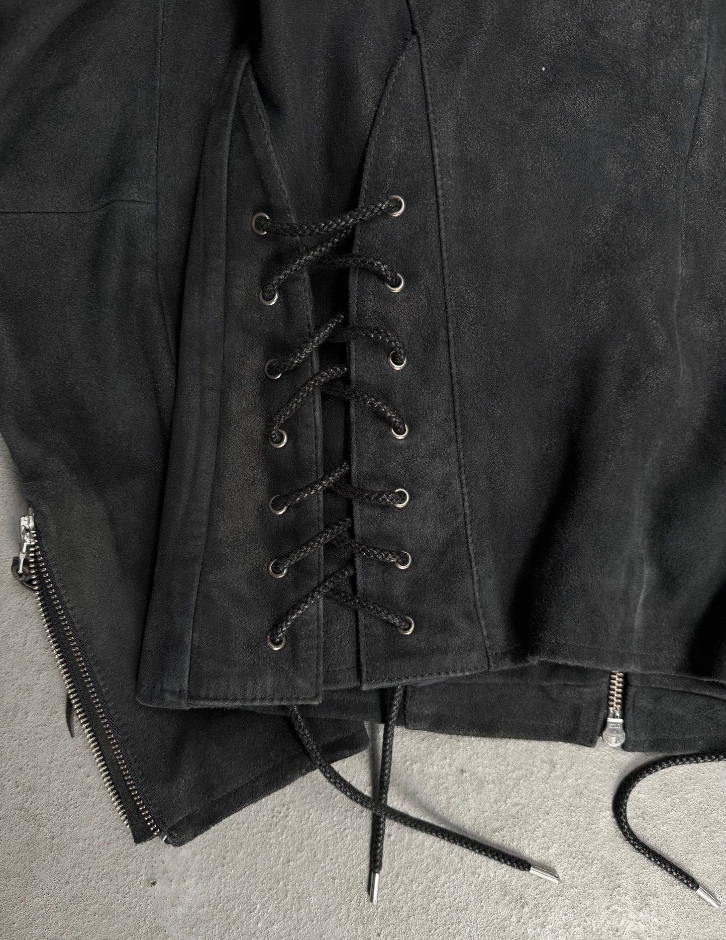 Tornado Mart Early 00s Dark Blue Corset Back Goatskin Suede Leather Jacket