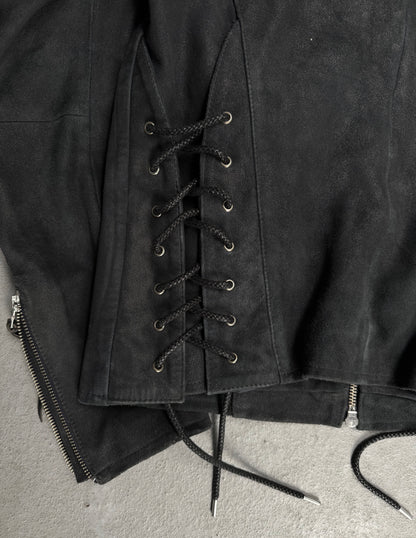 Tornado Mart Early 00s Dark Blue Corset Back Goatskin Suede Leather Jacket