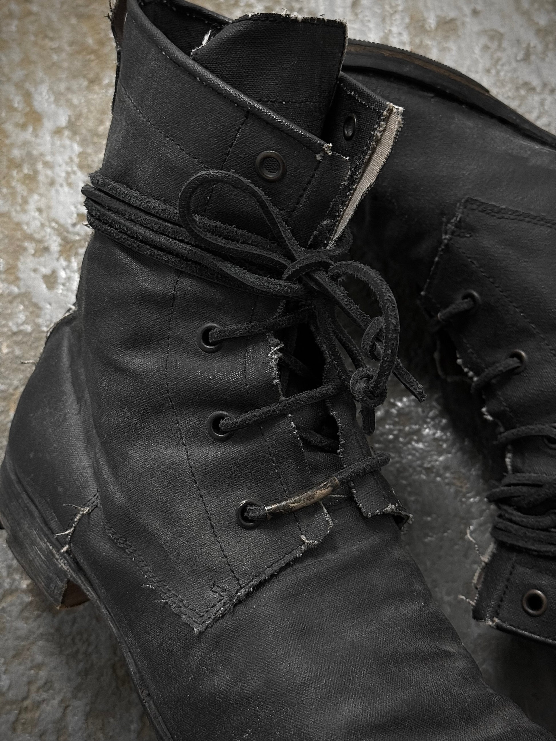 Layer-0 2010s Distressed Grey Waxed Coated Vespucci Sail Hemp Ankle Boots detail | DRIEW GARMENTS