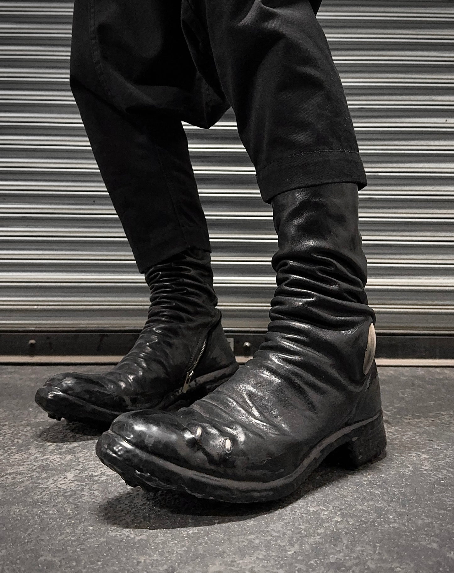 Carol Christian Poell ‘AM/2687PR CORS-PTC’ Objet-dyed Horse Leather Titanium Prosthetic Drip Tornado Zip Boots