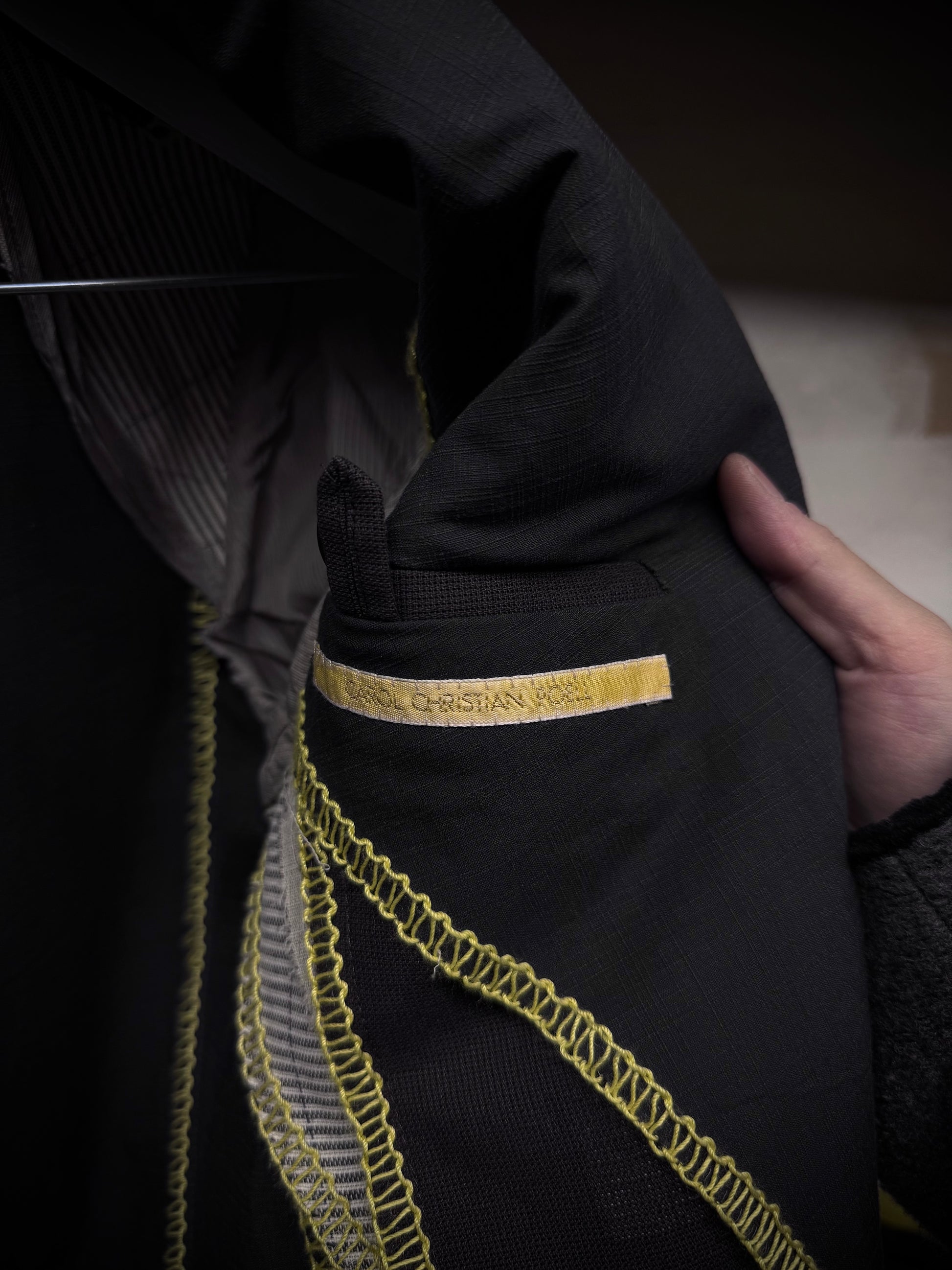 Carol Christian Poell SS06 'GM/2098 ORDER/109' Yellow Overlock Stitch Single Button Blazer detail | DRIEW GARMENTS