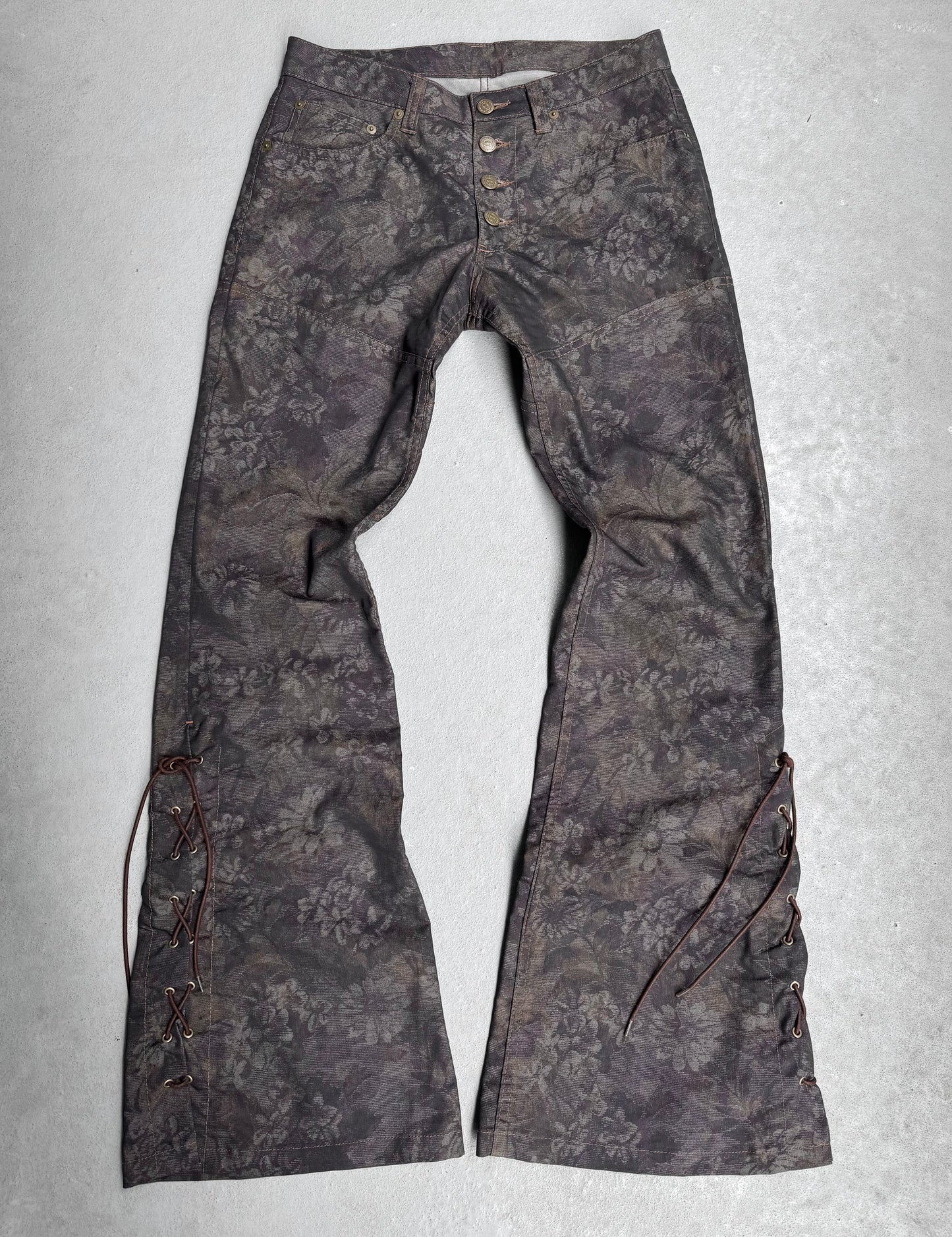 Tornado Mart Early 00s Floral Printed Flare Lace-up Pants