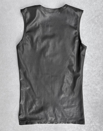 A Junya Watanabe SS23 waxed scoop-neck tank top in black, size S and slim fit, is displayed in flawless condition laid flat on a light gray textured surface, showing the back.