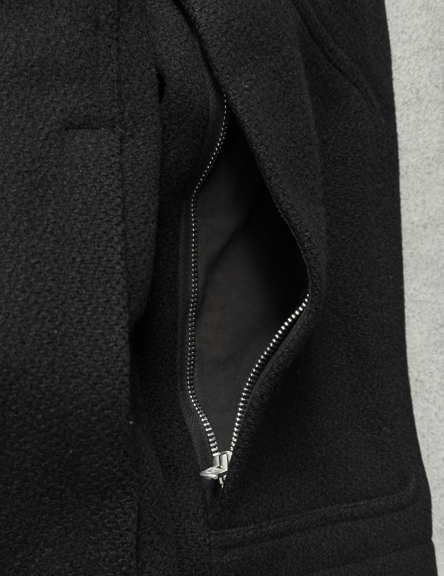 Rick Owens AW15 "SPHINX" Mollino Asymmetrical Front Zip Heavy Wool Coat detail | DRIEW GARMENTS
