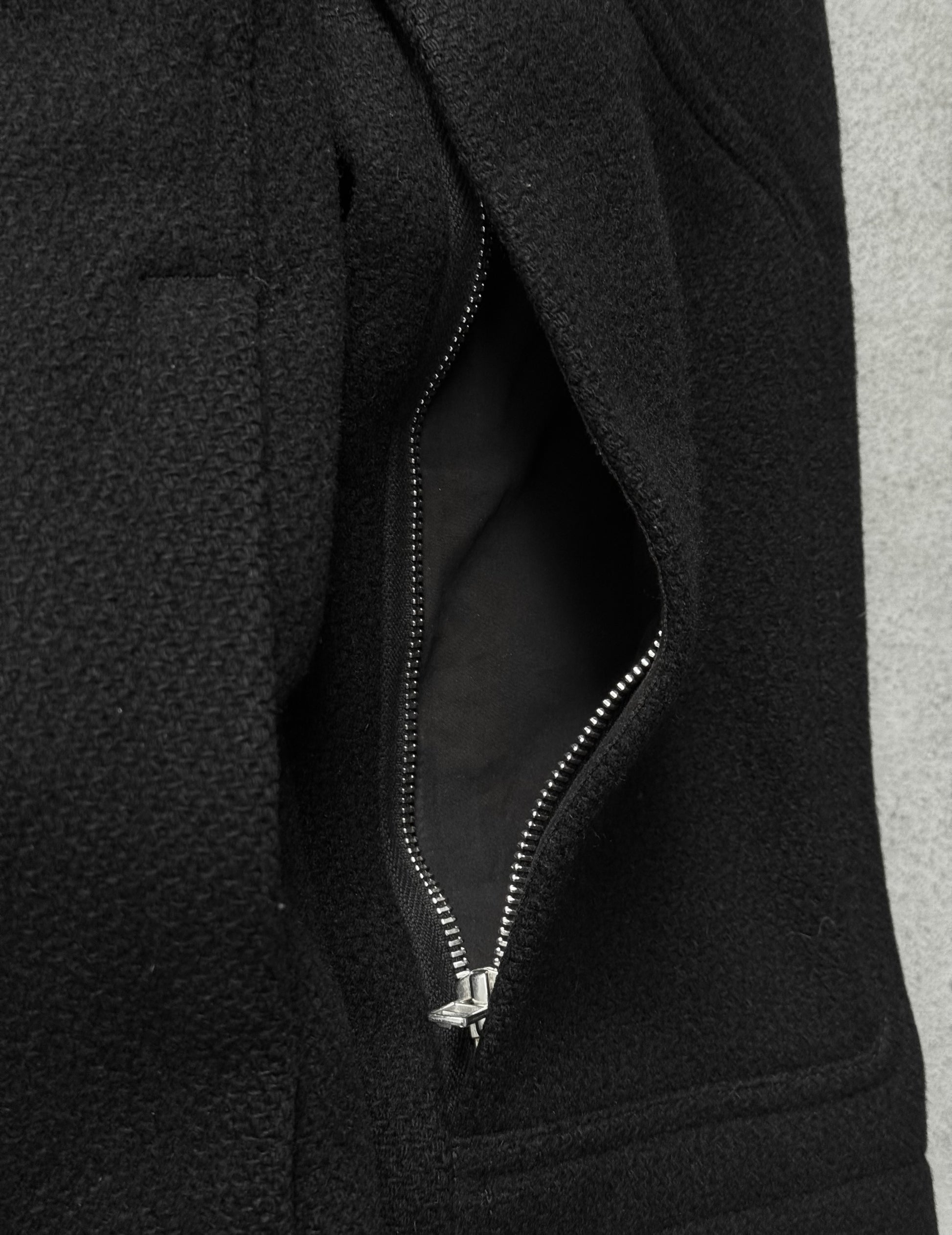 Rick Owens AW15 "SPHINX" Mollino Asymmetrical Front Zip Heavy Wool Coat detail | DRIEW GARMENTS
