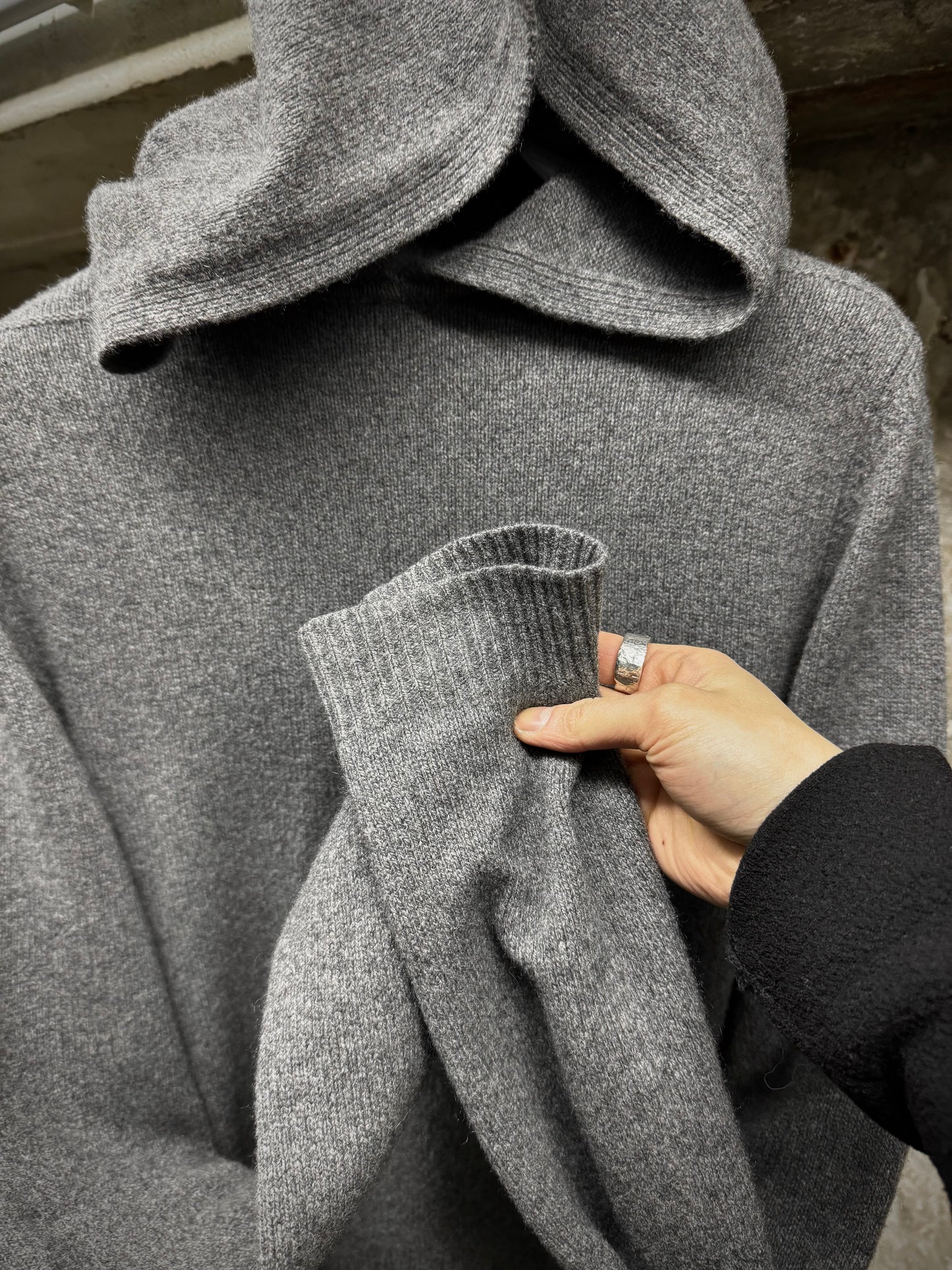 Rick Owens AW20 "PERFORMA" GREY Hooded Cashmere Knit Sweater detail | DRIEW GARMENTS