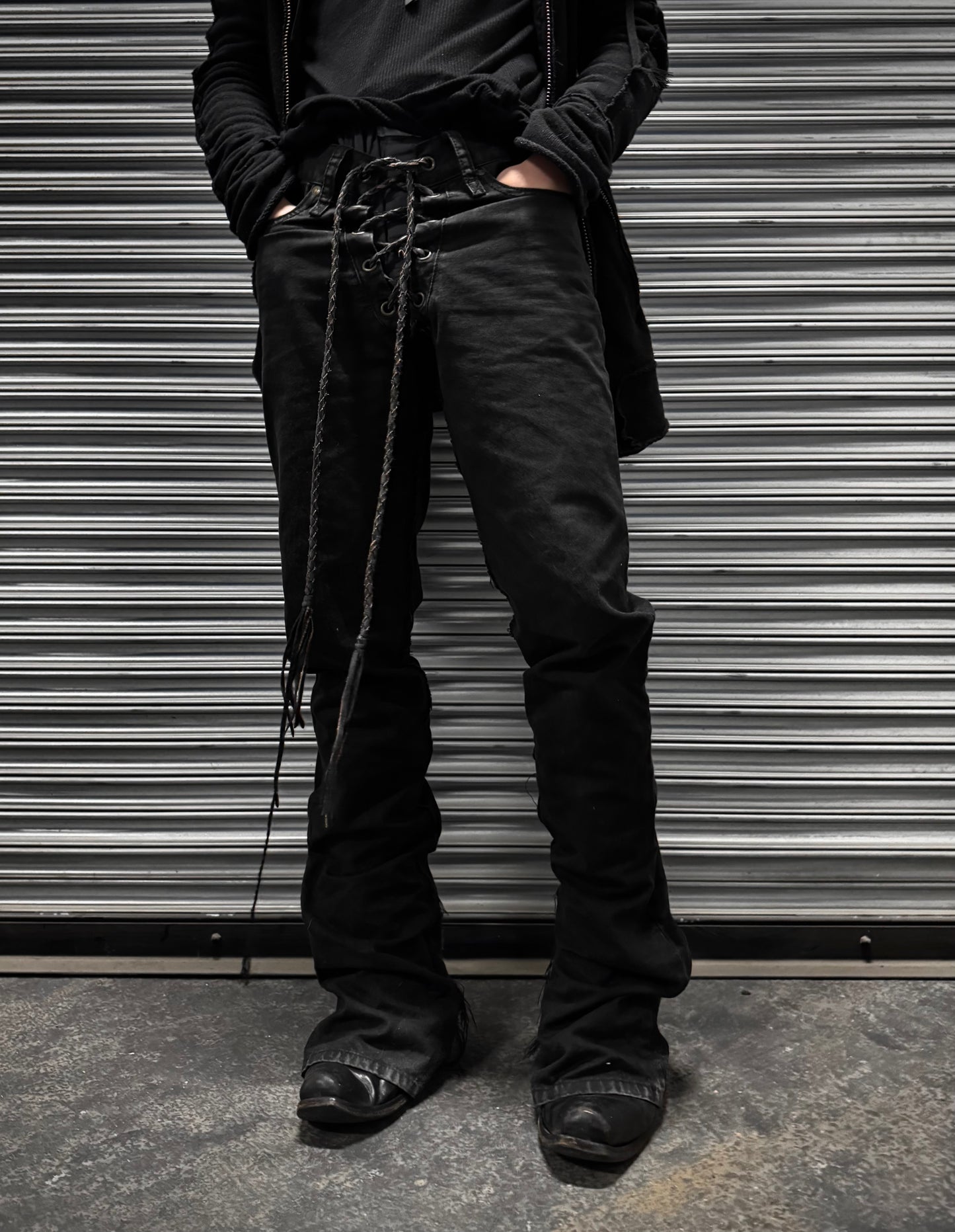 IfSixWasNine Early 00s ‘NO. LU/ BCM-PRF’ Black Lace-up Flare Denim