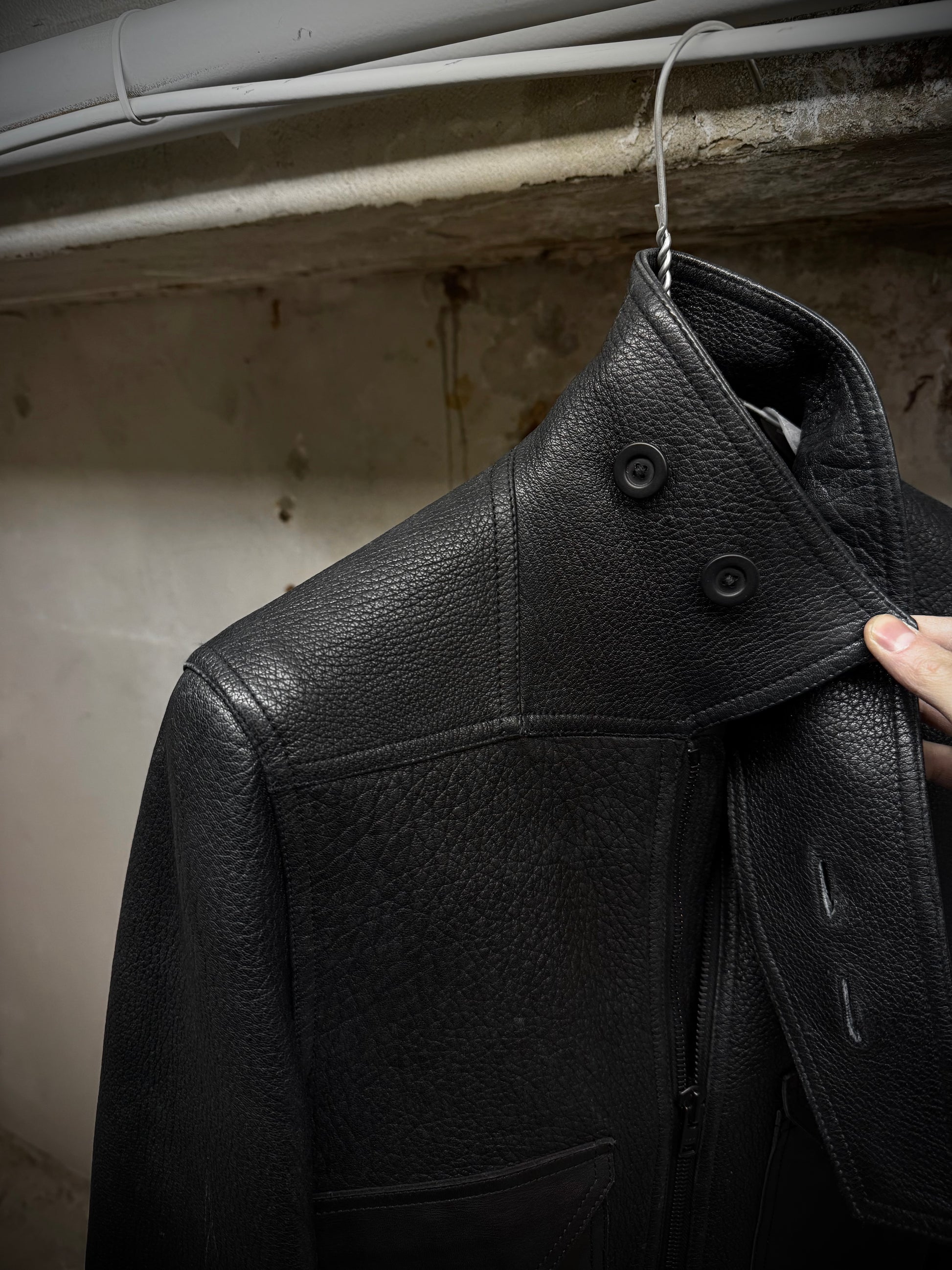 Rick Owens AW16 "MASTODON" Glitter Trench Cropped Ram Leather Jacket detail | DRIEW GARMENTS