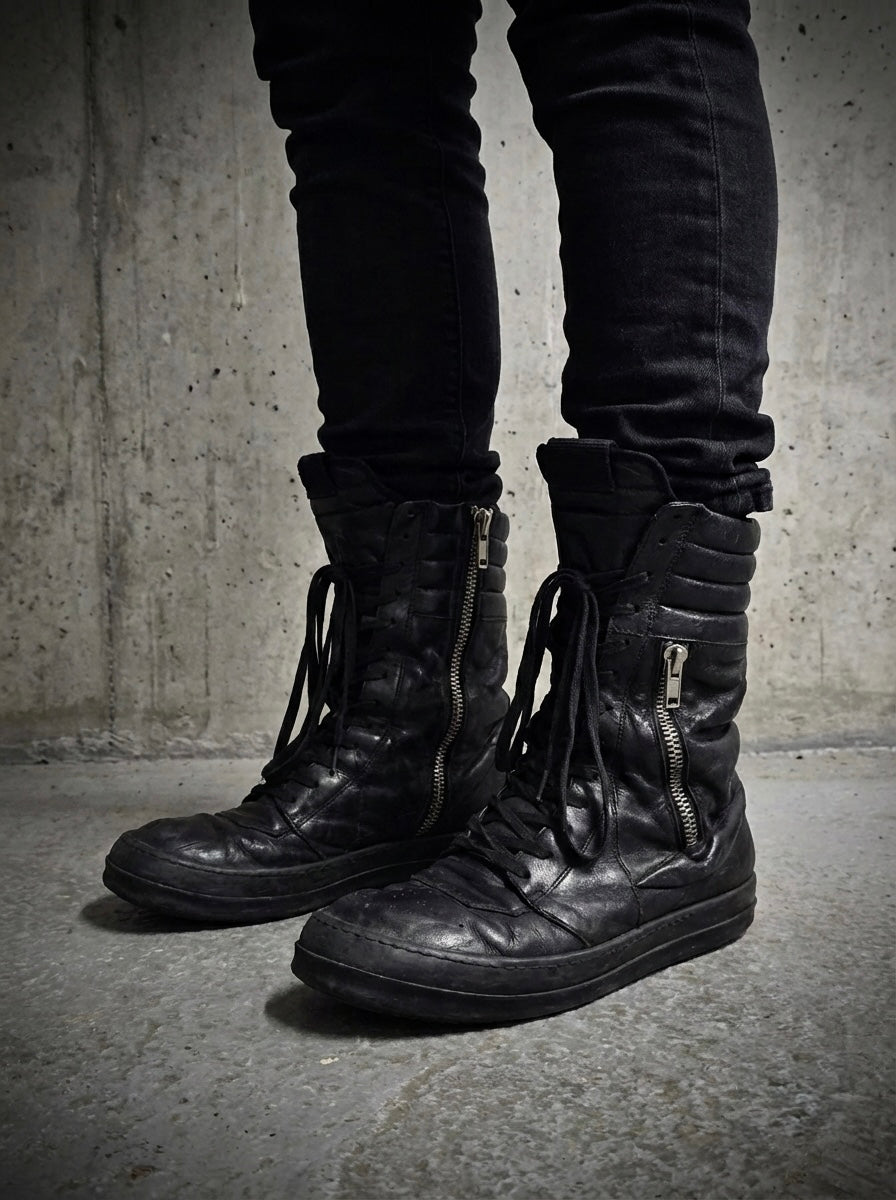 Rick Owens AW12 “MOUNTAIN” All-black Calfskin Leather Cargobasket Sneakers