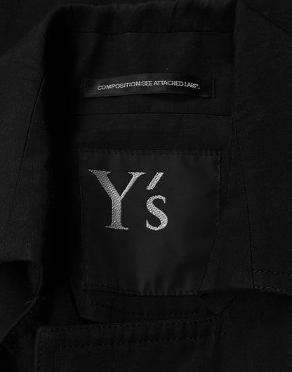 Close-up of the inner collar on the Y’s by Yohji Yamamoto SS07 Cropped Cotton-blend Blazer, featuring a black Y’s label with white embroidery and a smaller COMPOSITION: SEE ATTACHED LABEL tag above.