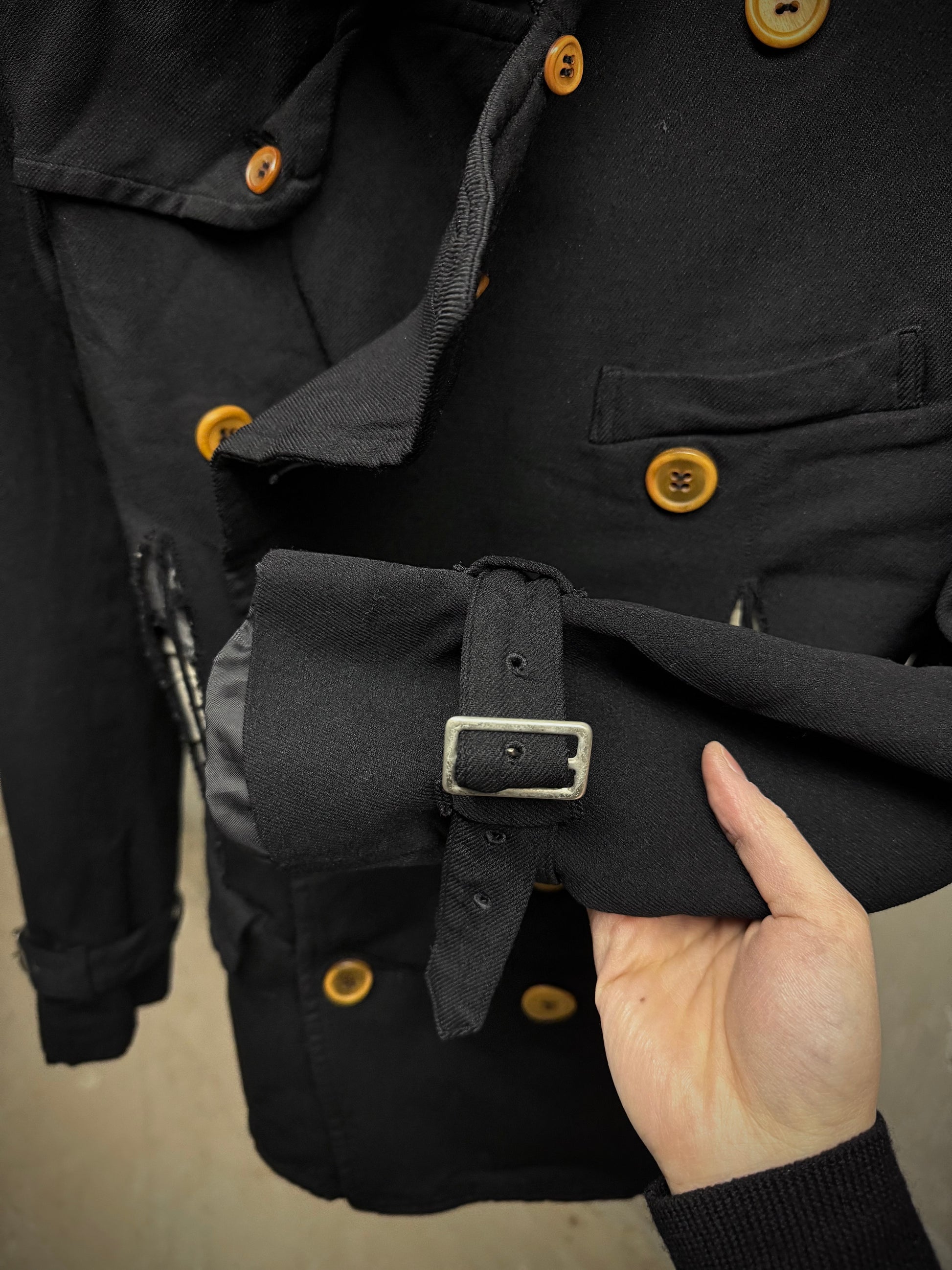 COMME des GARÇONS HOMME PLUS SS12 Cut-Out Poly Napoleon Trench Coat detail | DRIEW GARMENTS