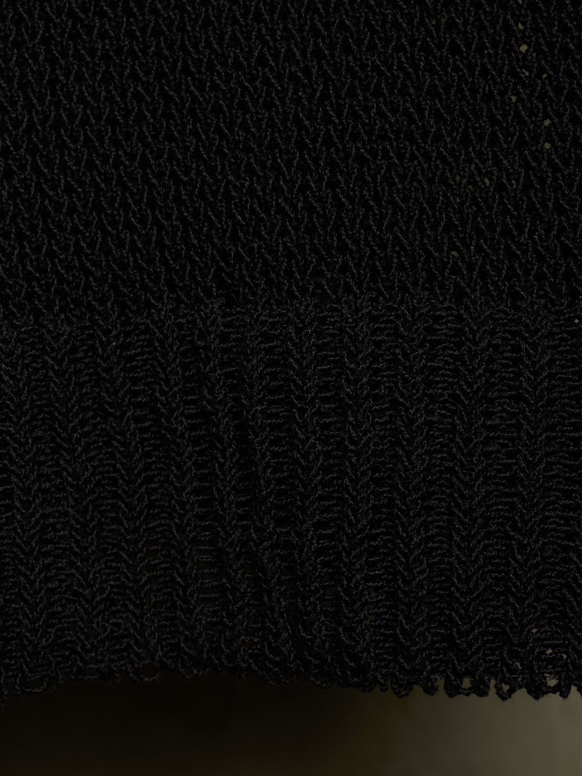 Close-up of a black textured knit fabric with a ribbed hem, showing the detailed weave and fringe edge.