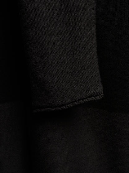 Close-up of a black knit fabric with a folded cuff showing the fine knit texture.