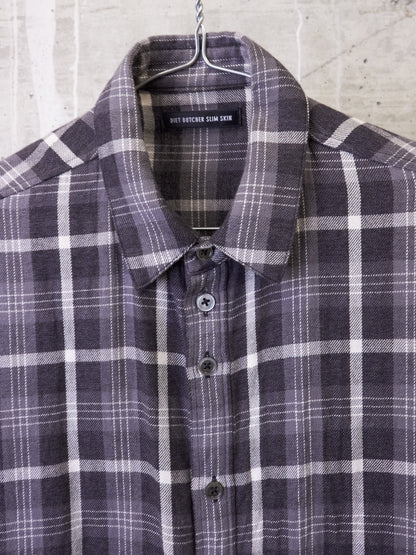 DIET BUTCHER SLIM SKIN SS17 "Flower Bullet" Oversized Grey Plaid Check Frayed Hem Shirt