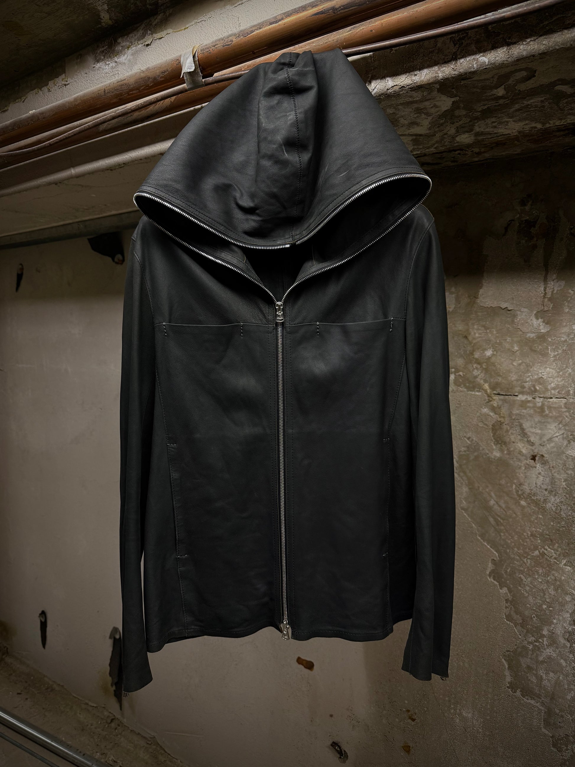 Isamu Katayama "BACKLASH" Unlined Overlock Hooded 'Gimp' Zip Goat Leather Jacket | Archive Fashion Toronto
