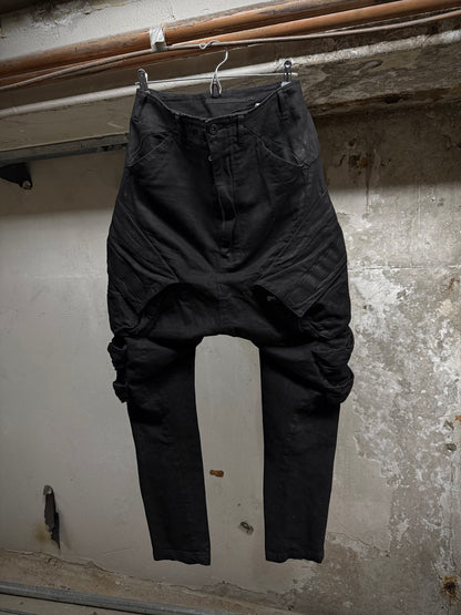Julius_7 SS15 “prism;” Waxed Jumbo Velcro Gas-Mask Cargos Denim