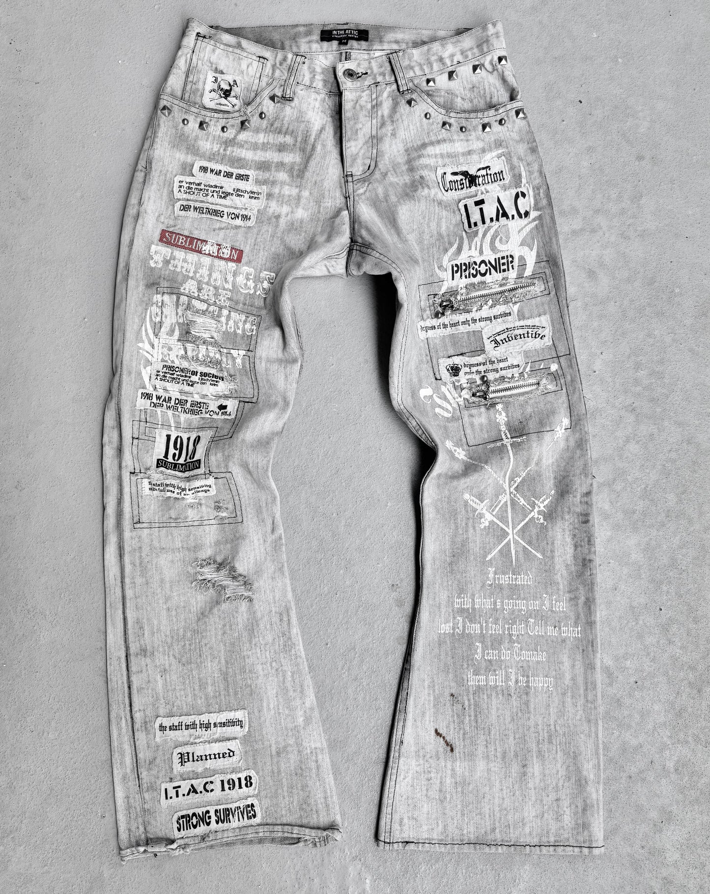 InTheAttic Early 00s Bleach-dyed Punk Patchwork Bootcut Flare Denim
