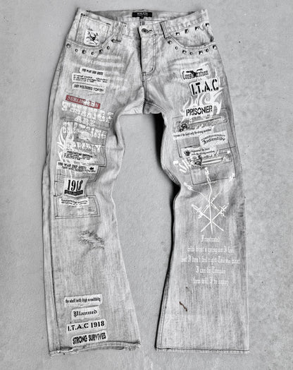 InTheAttic Early 00s Bleach-dyed Punk Patchwork Bootcut Flare Denim
