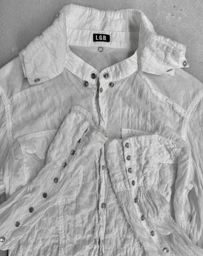 L.G.B. Early 00s Distressed White Cotton Gauze Snap Western Shirts