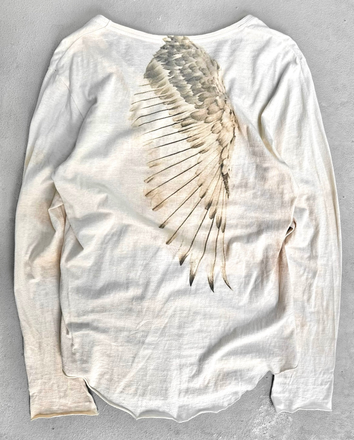 G.O.A Early 00s “Oxidized” Feather Graphic Raw Cut Long-sleeves