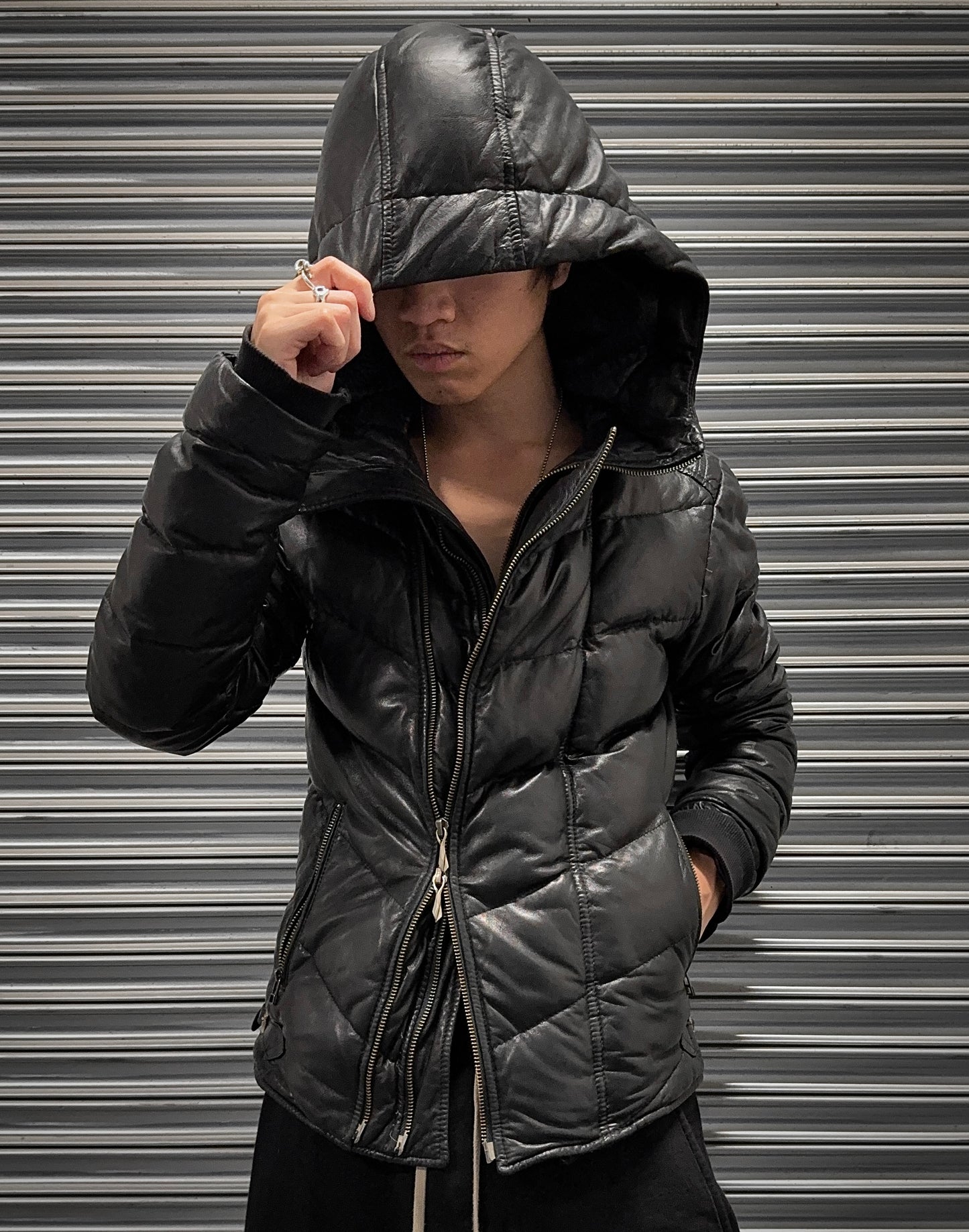 14thAddiction Early 00s Hooded Sheepskin Down Rider Jacket