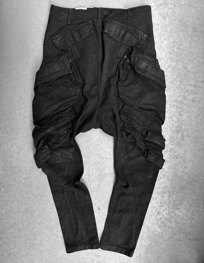 Julius_7 SS15 “prism;” Waxed Jumbo Velcro Gas-Mask Cargos Denim