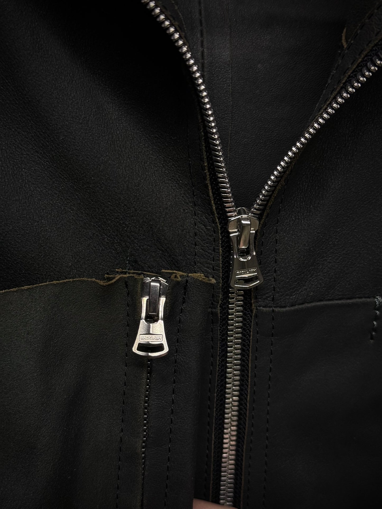 Isamu Katayama "BACKLASH" Unlined Overlock Hooded 'Gimp' Zip Goat Leather Jacket detail | DRIEW GARMENTS