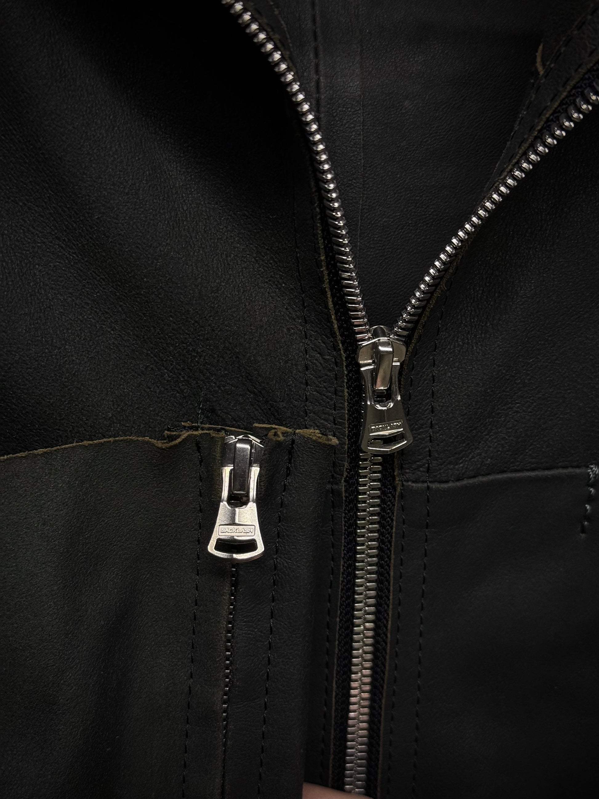 Isamu Katayama "BACKLASH" Unlined Overlock Hooded 'Gimp' Zip Goat Leather Jacket detail | DRIEW GARMENTS