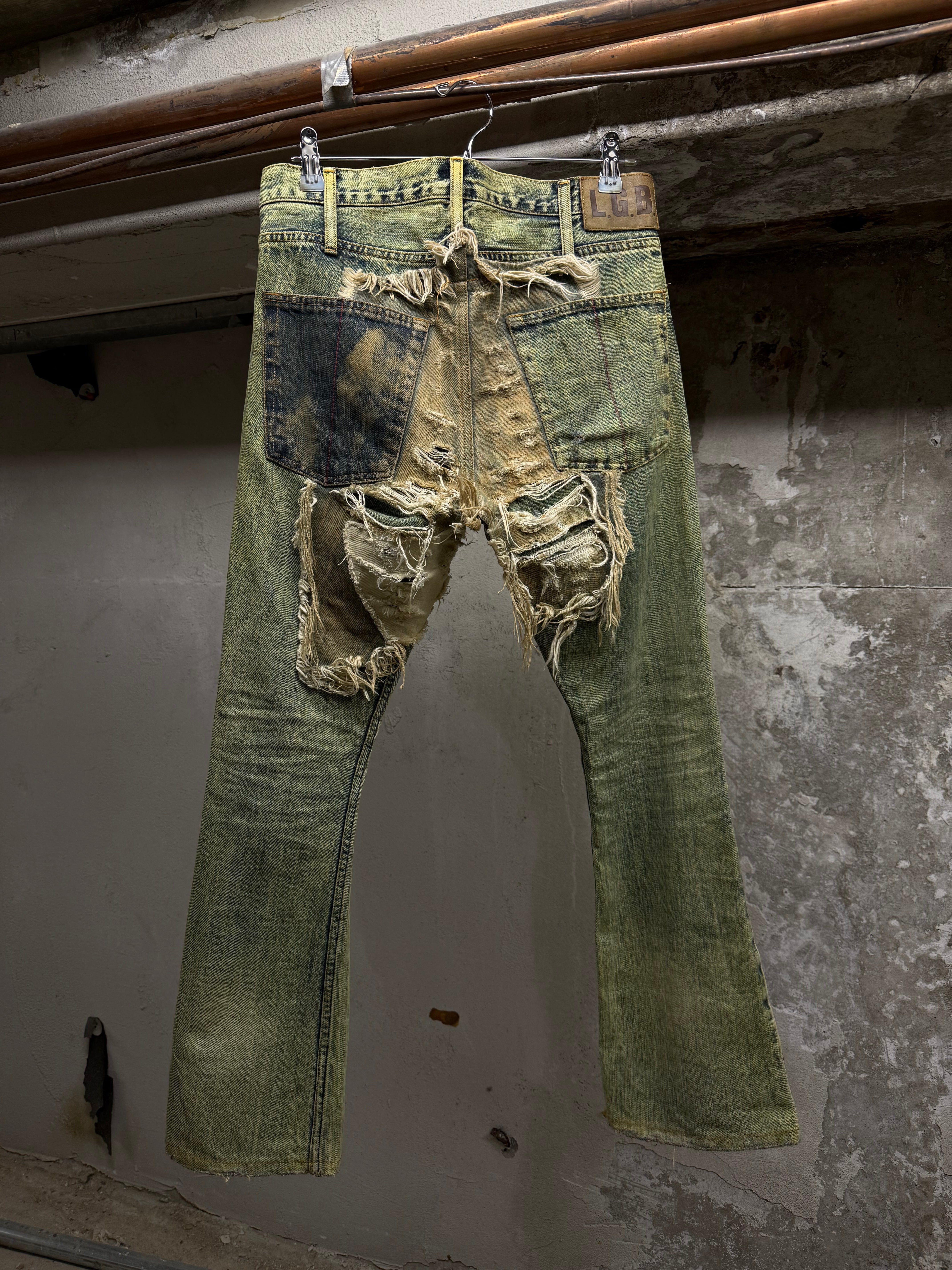 初期 希少 LGB CRAZY WOLF denim L.G.B. Acid Wash Distressed Flare Denim | Early 2000s – DRIEW