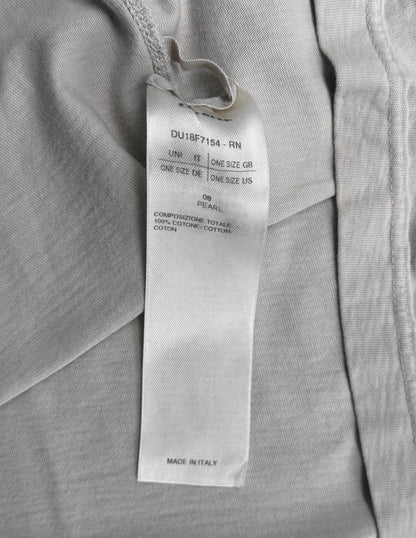 A white tag on light gray fabric from the Rick Owens DRKSHDW AW18 “SISYPHUS” Pearl Racer Tank Top shows one size for various regions, 100% cotton material, and indicates it was made in Italy.