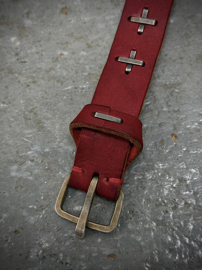 m.a+ by Maurizio Amadei 'AB14' GR 3.0 .925 Silver Cross Red Cow Leather Wide Wristband detail | DRIEW GARMENTS