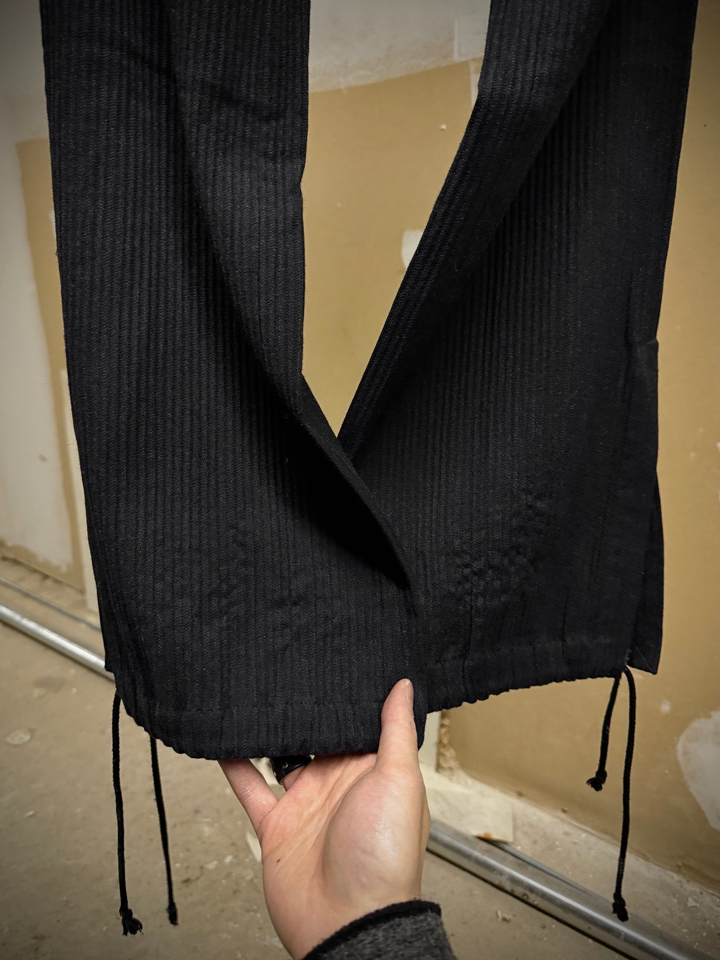 Ann Demeulemeester 90s Striped Wool Drawstring Hem Flare Pants detail | DRIEW GARMENTS