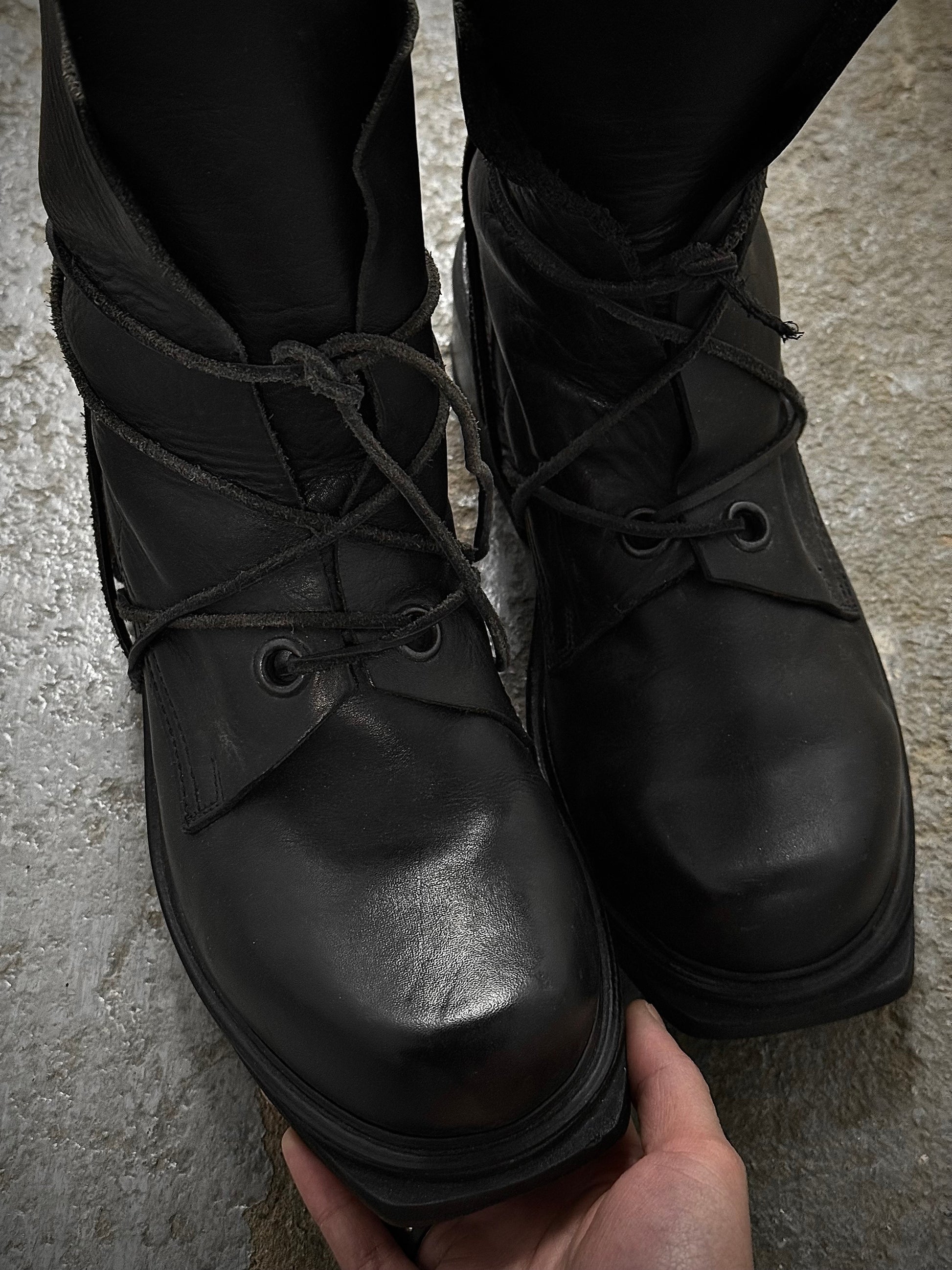 Dirk Bikkembergs 90s Black Military Lace-through Calf Leather Boots detail | DRIEW GARMENTS