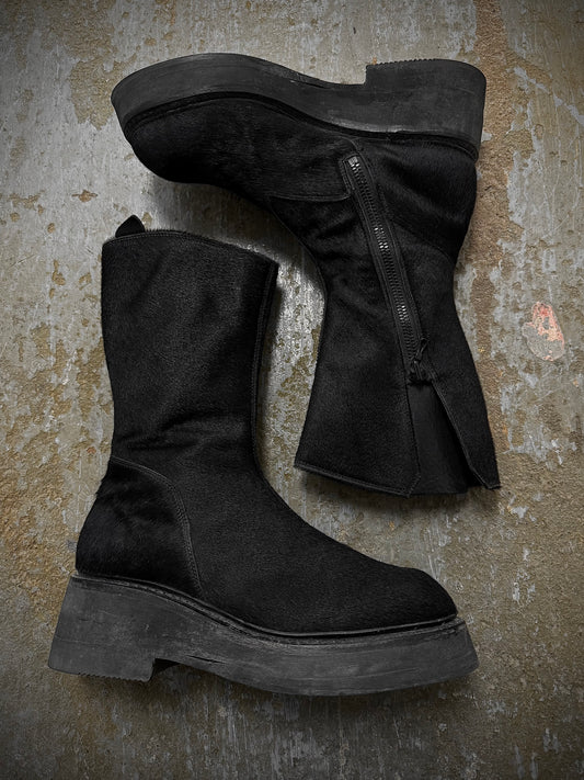 JULIUS _7 AW16-17 "beast;" Tall Cow Hair Side Zip Leather Boots | Archive Fashion Toronto