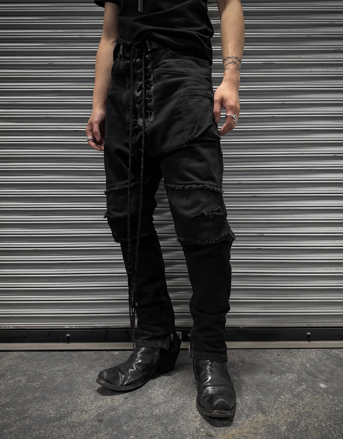 IfSixWasNine Early 00s ‘NO. LU/ SBCM’ Sarrouel Black Lace-up Skinny Zip Denim