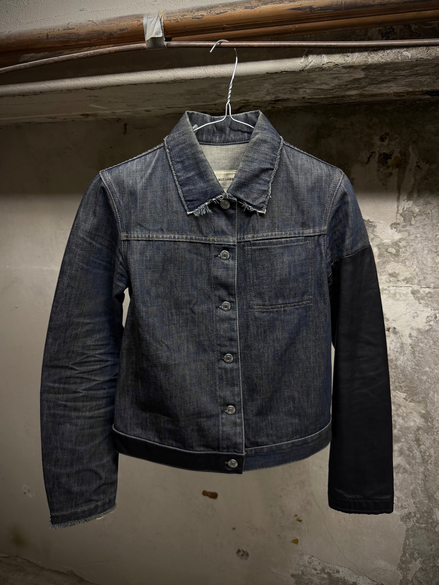 Helmut Lang SS03 Hybrid Lamb Leather Sleeve Raw Denim Jacket