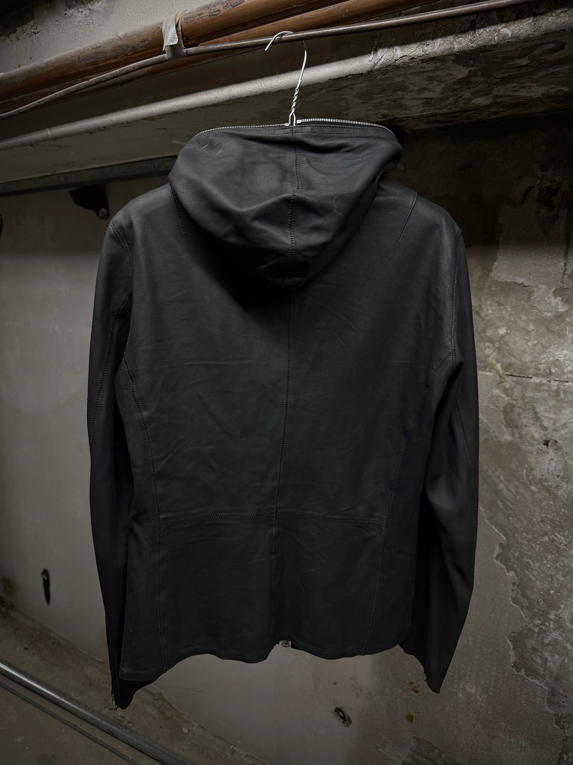 Isamu Katayama "BACKLASH" Unlined Overlock Hooded 'Gimp' Zip Goat Leather Jacket detail | DRIEW GARMENTS