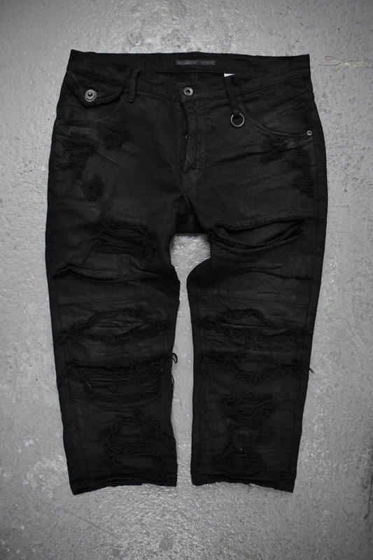 Julius_7 SS11 “Chaos ; Ontological Anarchism” Distressed Knee Cropped Waxed Denim