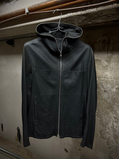 Isamu Katayama "BACKLASH" Unlined Overlock Hooded 'Gimp' Zip Goat Leather Jacket detail | DRIEW GARMENTS