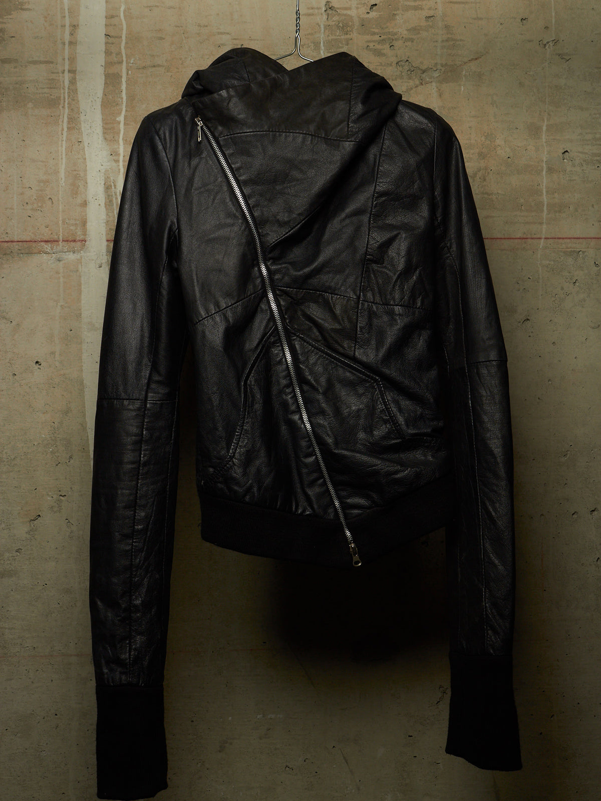 EKAM Early 00s Black Hooded Sheepskin Leather Asymmetric Zip Rider Jacket