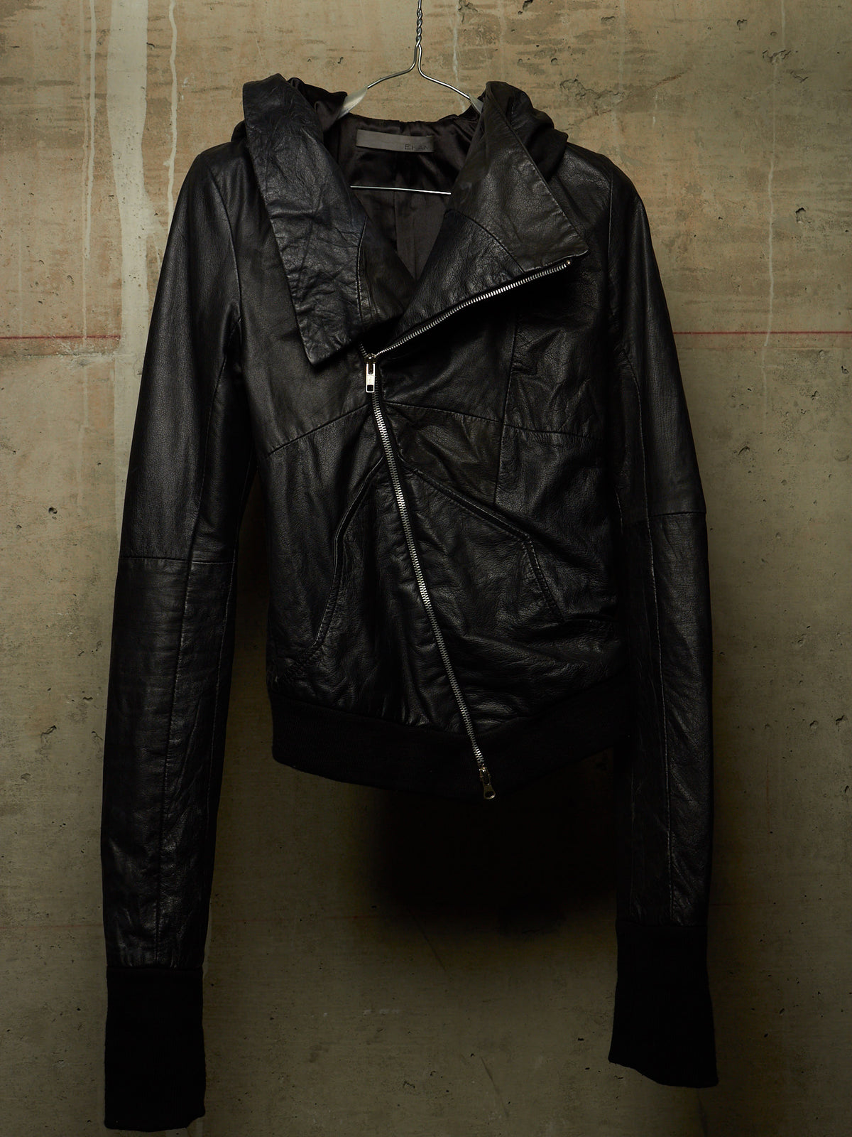 EKAM Early 00s Black Hooded Sheepskin Leather Asymmetric Zip Rider Jacket